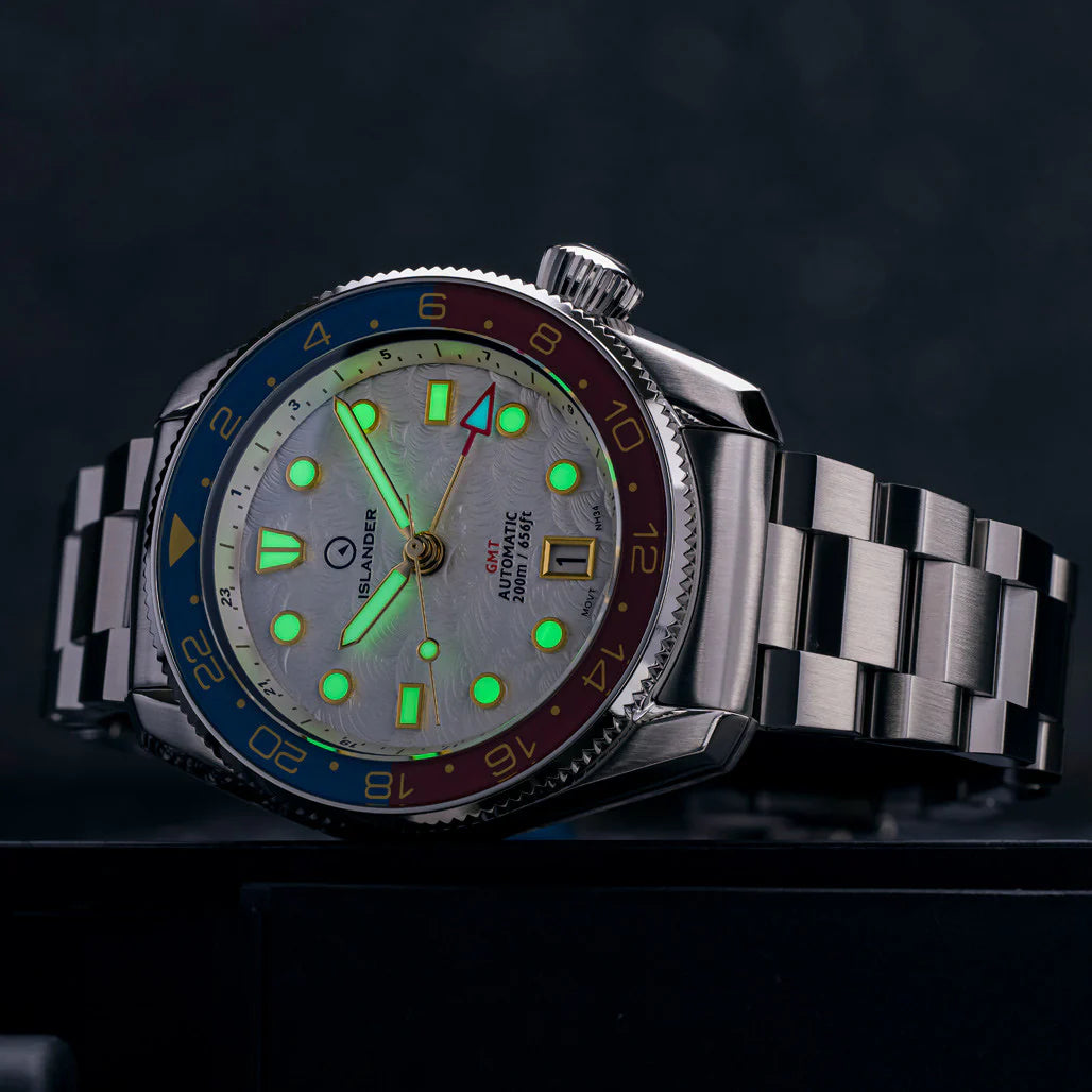 Islander: JFK Automatic GMT Watch with White Cloud Dial and Pepsi Bezel #ISL-206