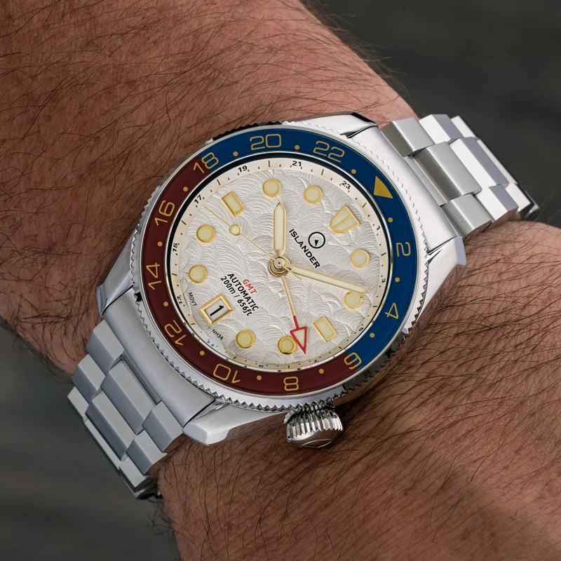 Islander: JFK Automatic GMT Watch with White Cloud Dial and Pepsi Bezel #ISL-206