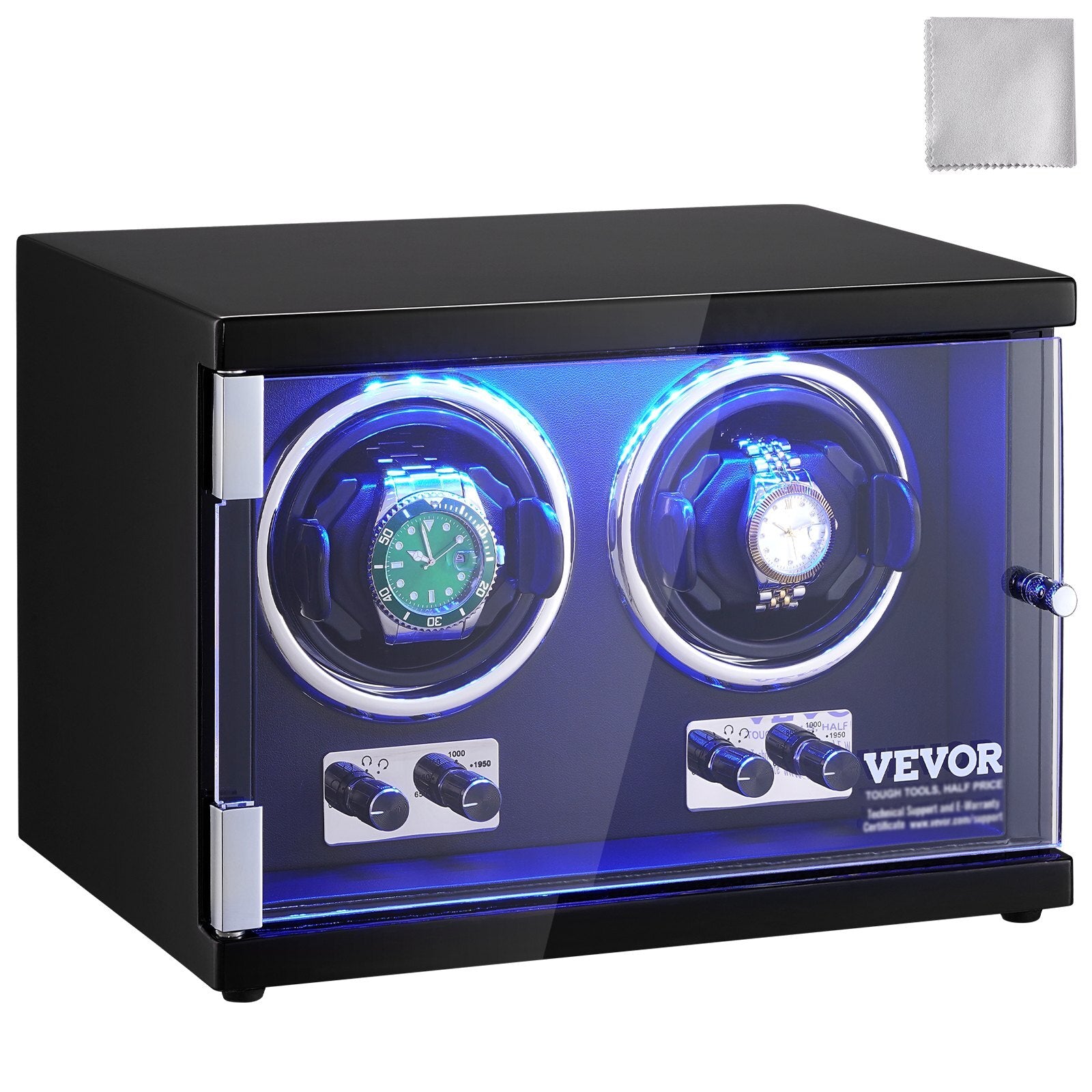 Watch Winder, Dual Watch Winder for Men's and Women's Automatic Watch, with 2 Super Quiet Japanese Mabuchi Motors, Blue LED Light and Adapter, High-Density Board Shell and Black PU