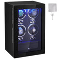 Watch Winder, Watch Winder for 4 Men's and Women's Automatic Watches, with 4 Super Quiet Japanese Mabuchi Motors, Blue LED Light and Adapter, High-Density Board Shell and Black PU