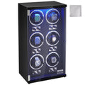 Watch Winder, Watch Winder for 6 Men's and Women's Automatic Watches, with 6 Super Quiet Japanese Mabuchi Motors, Blue LED Light and Adapter, High-Density Board Shell and Black PU