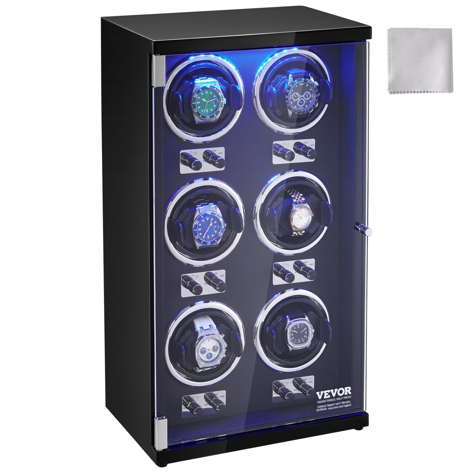 Watch Winder, Watch Winder for 6 Men's and Women's Automatic Watches, with 6 Super Quiet Japanese Mabuchi Motors, Blue LED Light and Adapter, High-Density Board Shell and Black PU