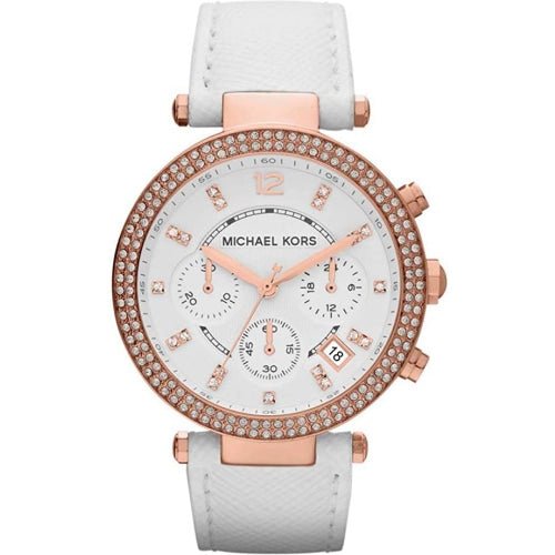 Michael Kors Mk2281 Ladies Parker Rose Gold White Leather Chronograph