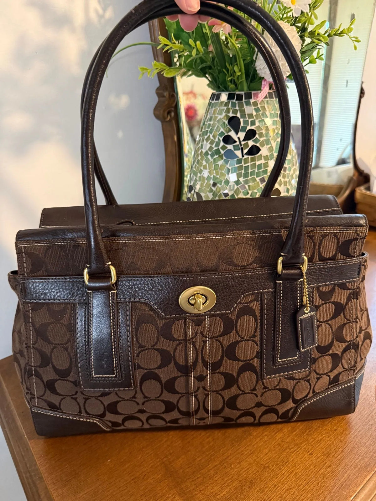 Y2K brown Coach Signature Jacquard Canvas and Leather Shoulder Bag